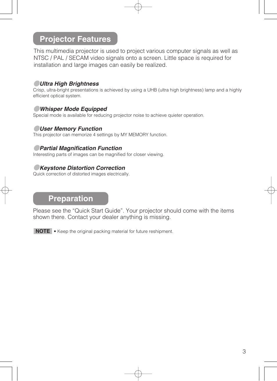 Preparation, Projector features | 3M S10 User Manual | Page 3 / 45