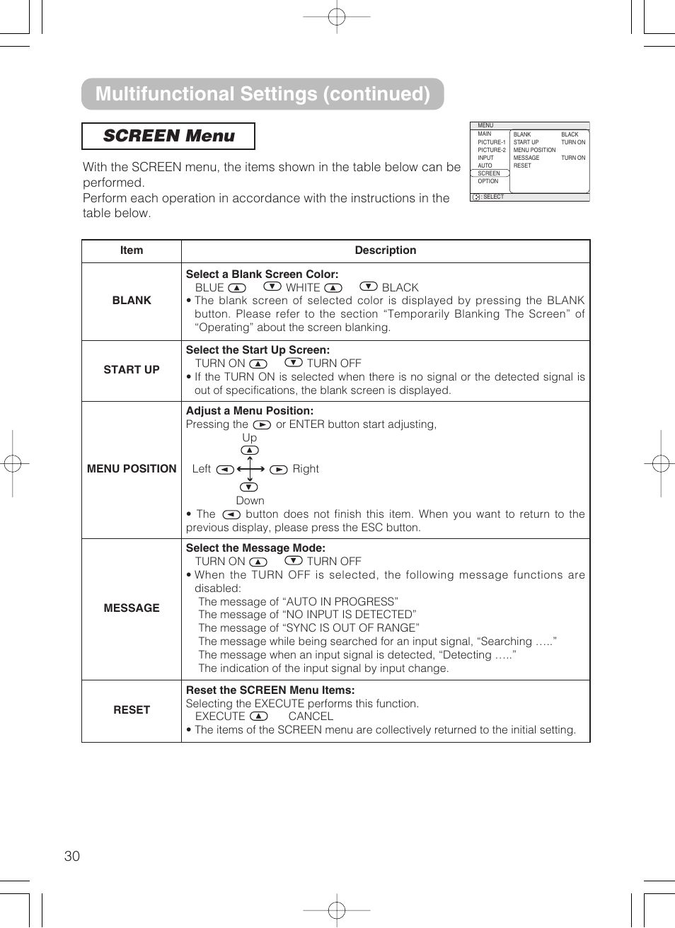 Multifunctional settings (continued), Screen menu | 3M S10 User Manual | Page 30 / 45