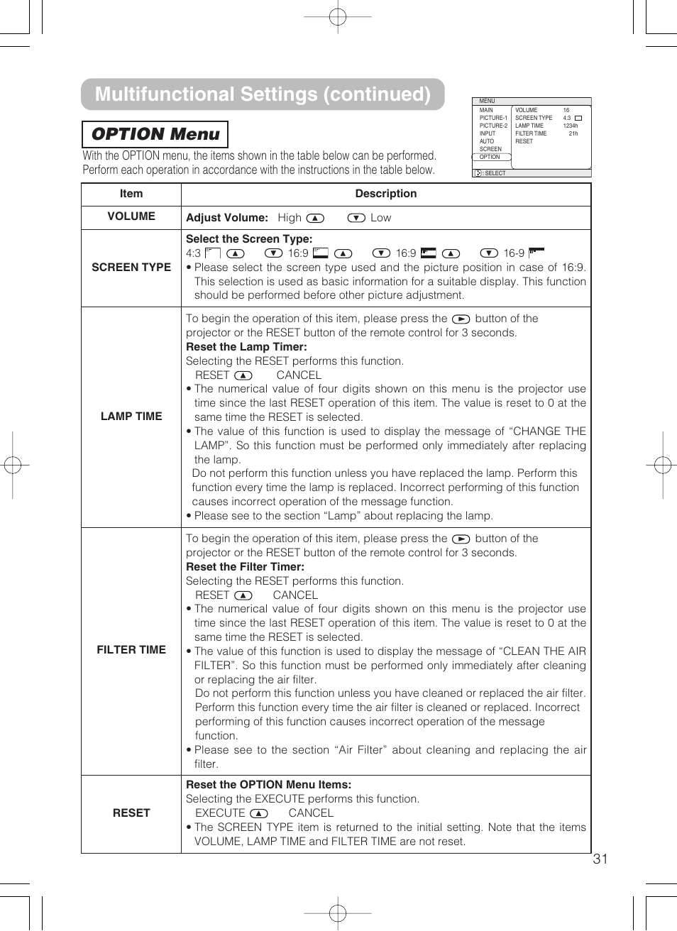 Multifunctional settings (continued), Option menu | 3M S10 User Manual | Page 31 / 45