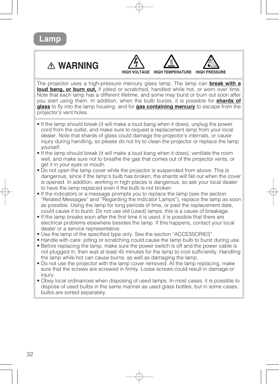 Warning, Lamp | 3M S10 User Manual | Page 32 / 45