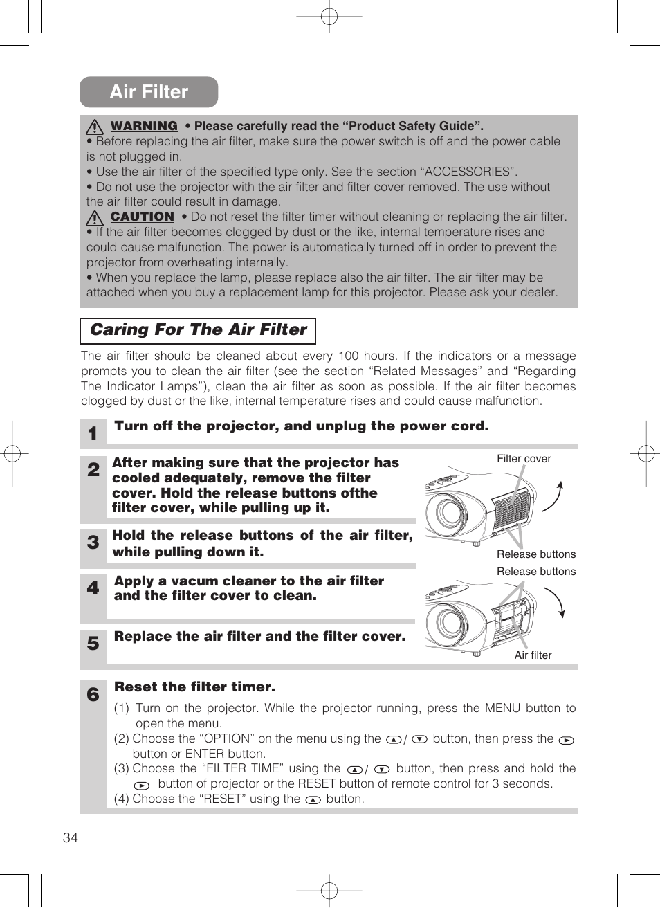 Air filter, Caring for the air filter | 3M S10 User Manual | Page 34 / 45