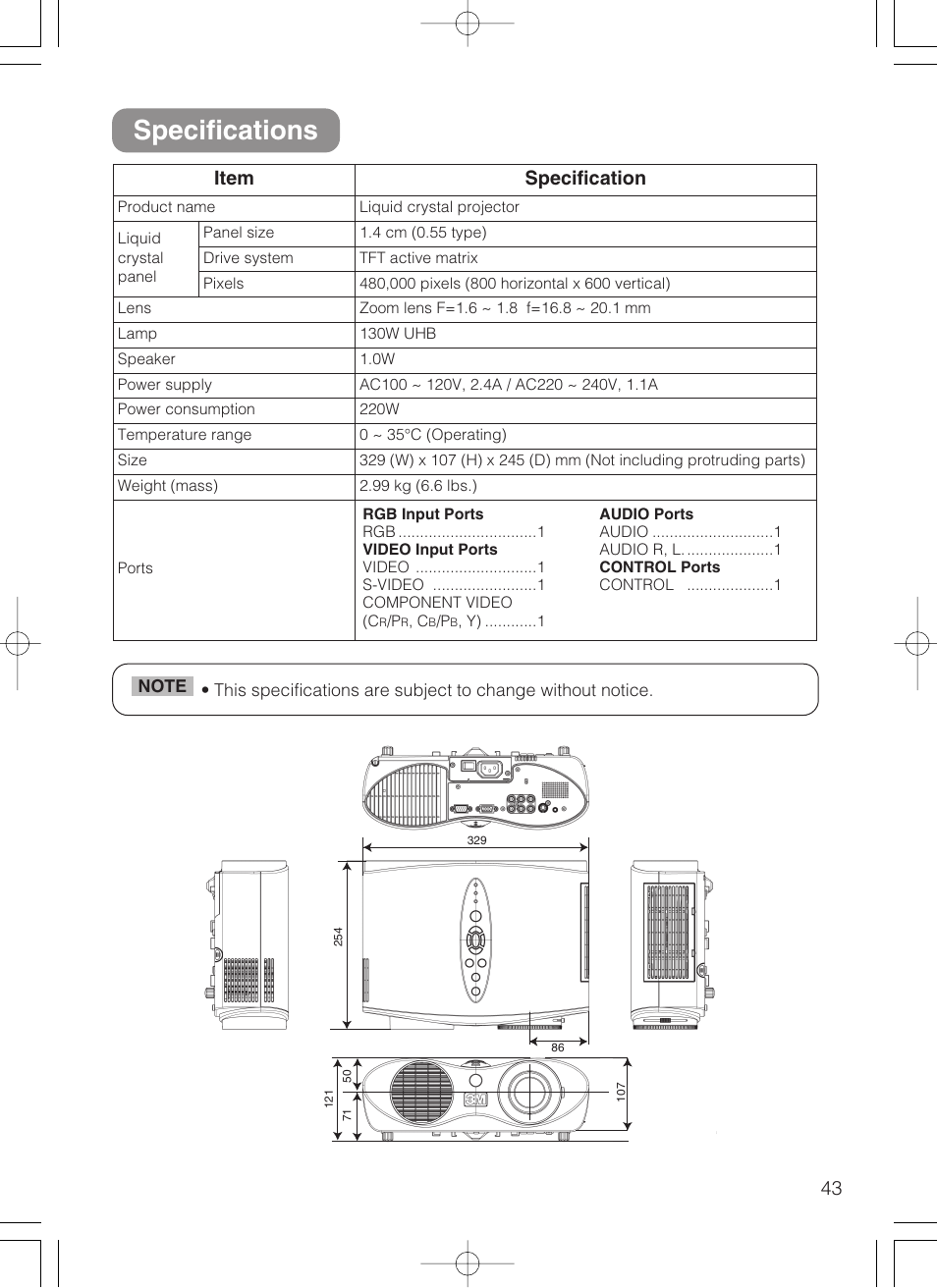 Specifications, Item specification | 3M S10 User Manual | Page 43 / 45