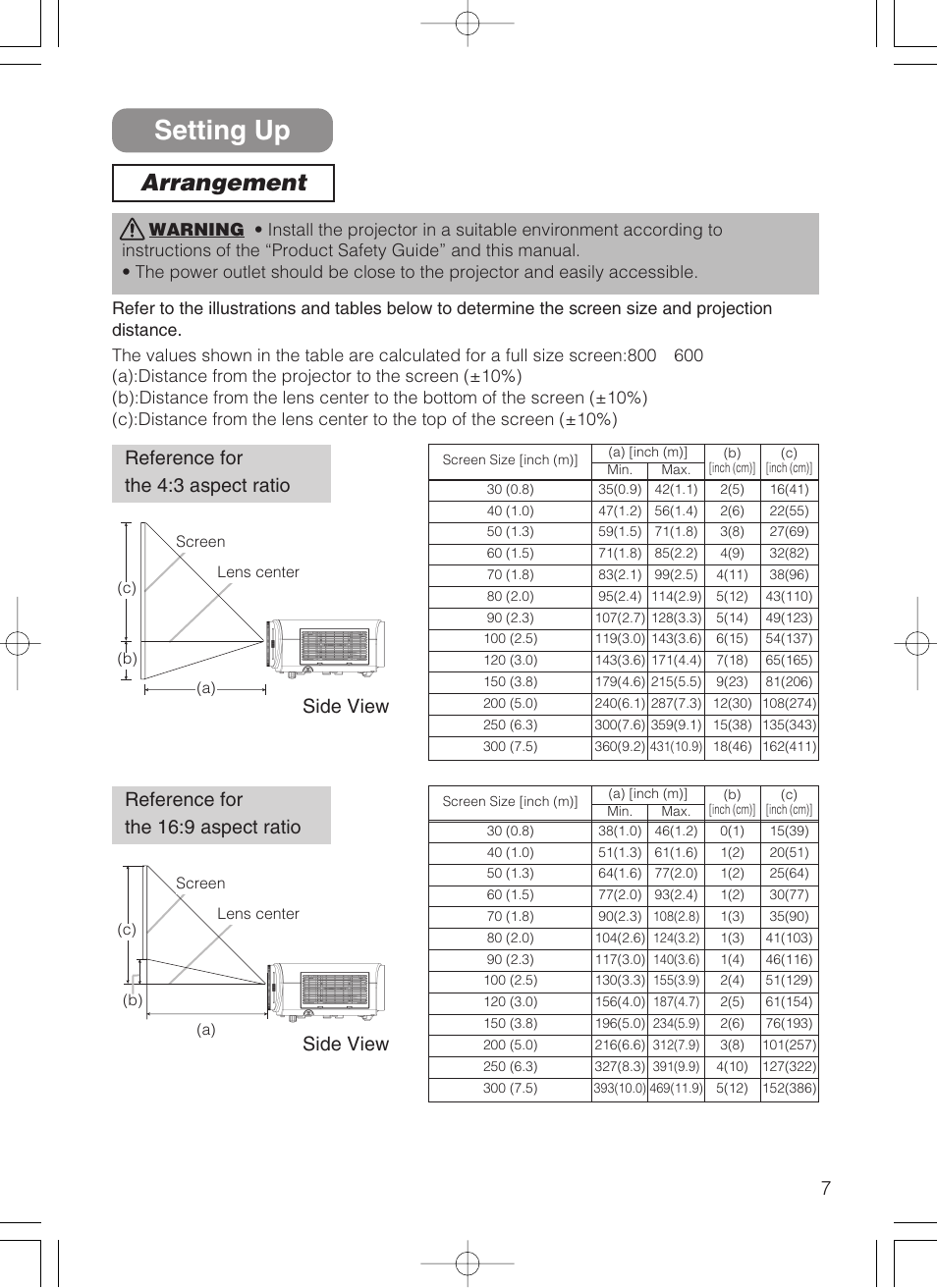Setting up, Arrangement, Reference for the 4:3 aspect ratio | 3M S10 User Manual | Page 7 / 45