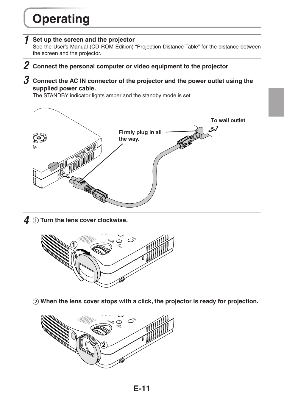Operating, E-11, Set up the screen and the projector | ቢ turn the lens cover clockwise, Firmly plug in all the way. to wall outlet | 3M PX5 User Manual | Page 11 / 95