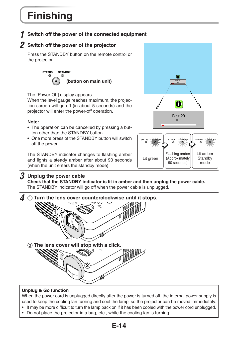 Finishing, E-14, Switch off the power of the connected equipment | Switch off the power of the projector, Unplug the power cable, ባ the lens cover will stop with a click | 3M PX5 User Manual | Page 14 / 95