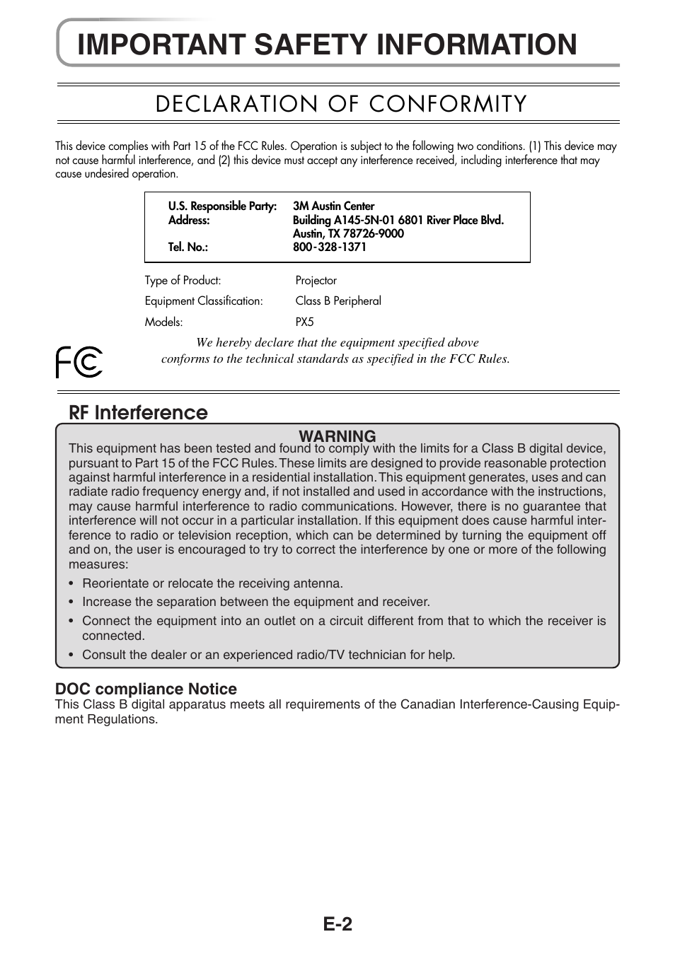 Important safety information, Declaration of conformity, Rf interference | 3M PX5 User Manual | Page 2 / 95