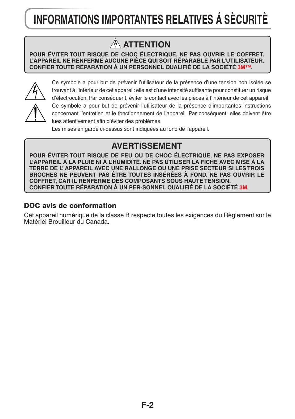 Informations importantes relatives á sècuritè, Avertissement, Attention | 3M PX5 User Manual | Page 21 / 95