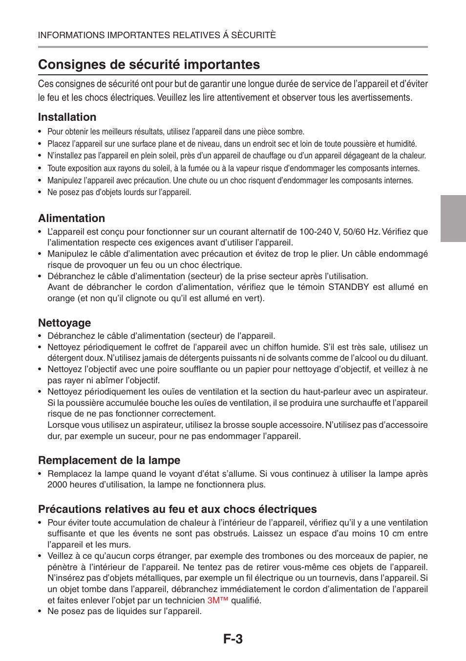 Consignes de sécurité importantes | 3M PX5 User Manual | Page 22 / 95