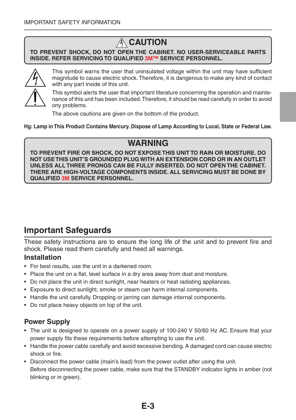 Caution, Important safeguards, Warning | 3M PX5 User Manual | Page 3 / 95