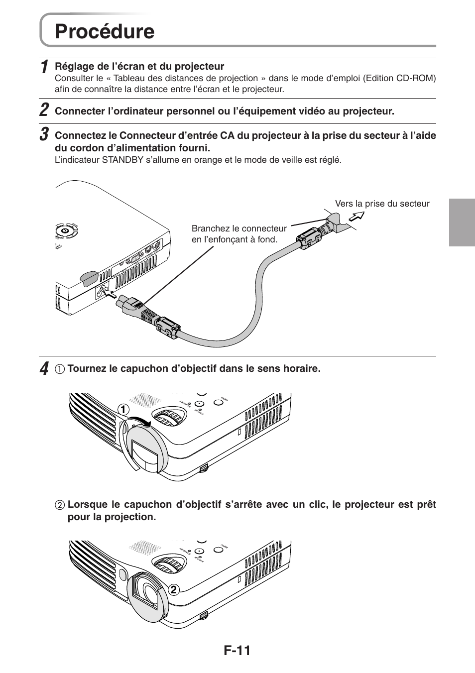 Procédure, F-11, Réglage de l’écran et du projecteur | 3M PX5 User Manual | Page 30 / 95