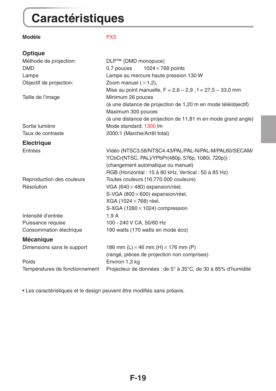 Caractéristiques, F-19 | 3M PX5 User Manual | Page 38 / 95