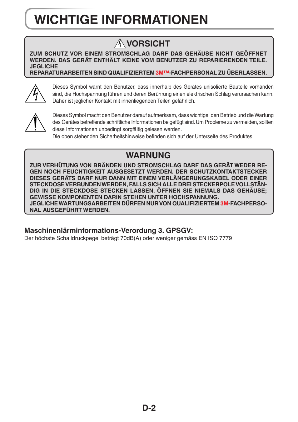 Wichtige informationen, Vorsicht, Warnung | 3M PX5 User Manual | Page 40 / 95