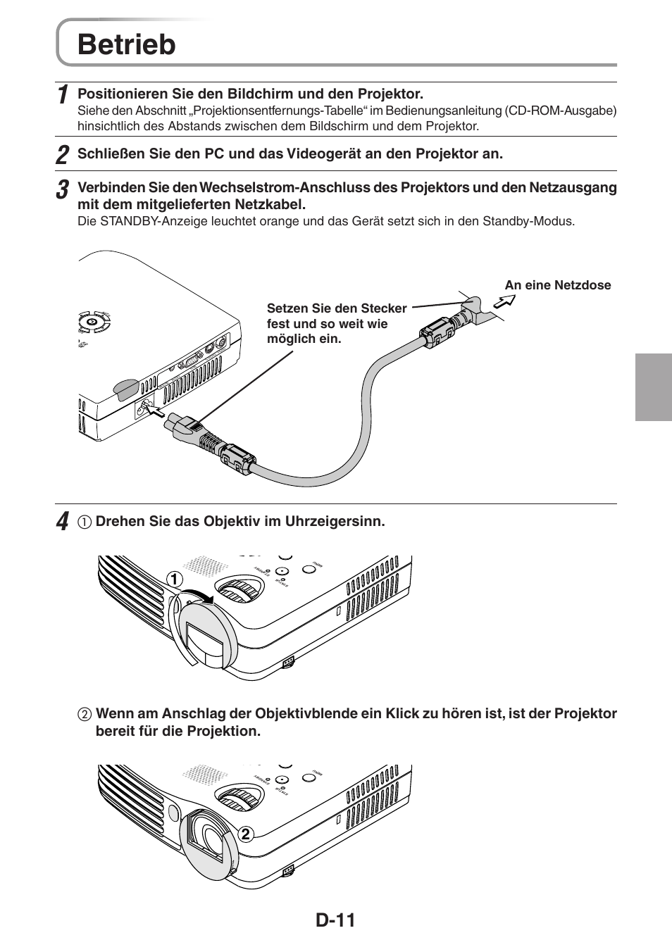 Betrieb, D-11, Positionieren sie den bildchirm und den projektor | ቢ drehen sie das objektiv im uhrzeigersinn | 3M PX5 User Manual | Page 49 / 95