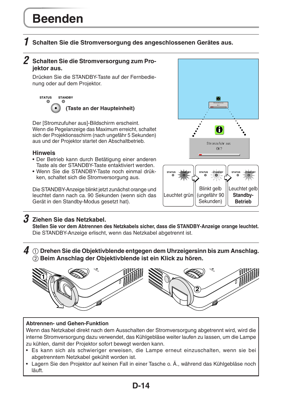 Beenden, D-14, Hinweis | Ziehen sie das netzkabel | 3M PX5 User Manual | Page 52 / 95