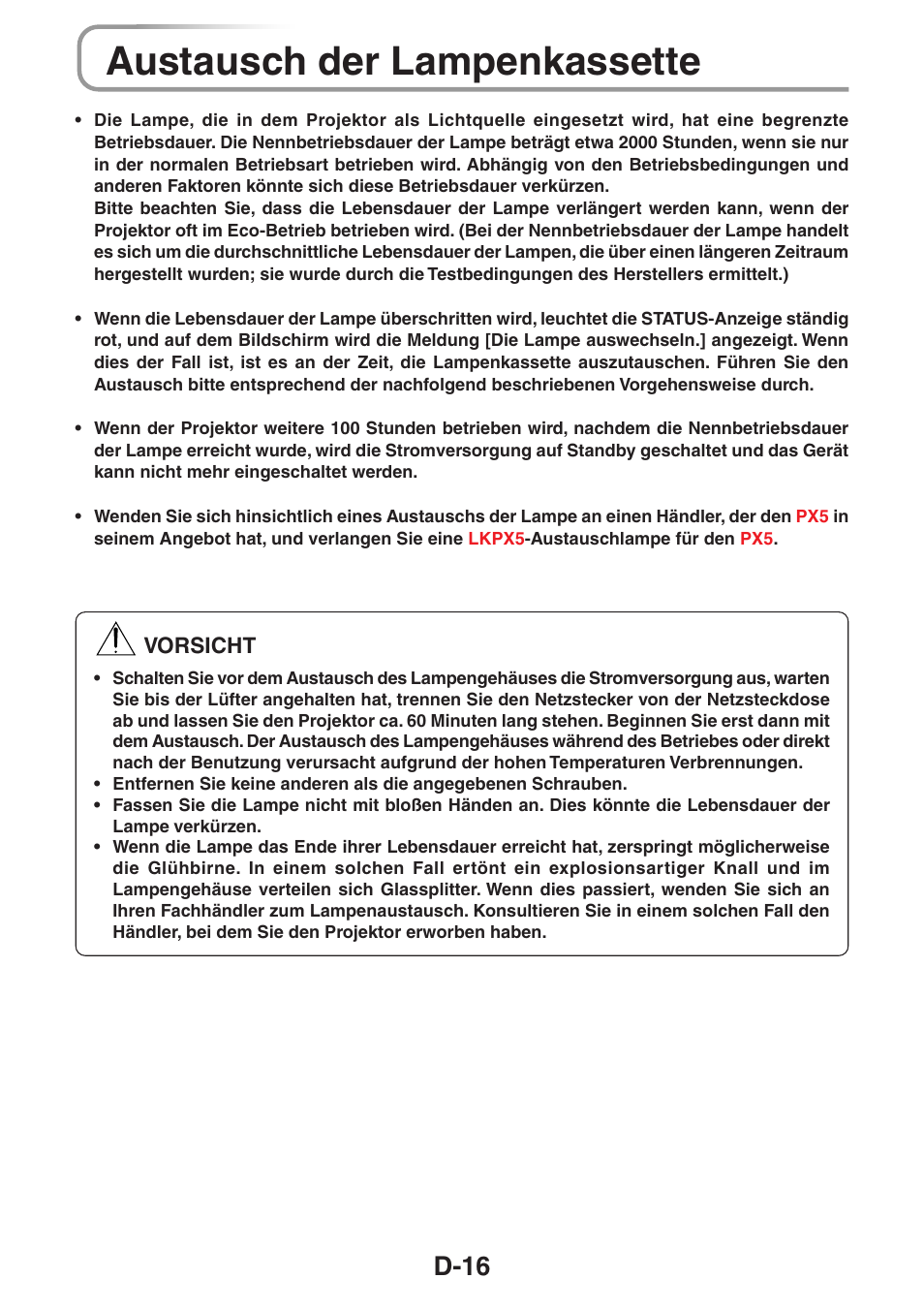 Austausch der lampenkassette, D-16 | 3M PX5 User Manual | Page 54 / 95