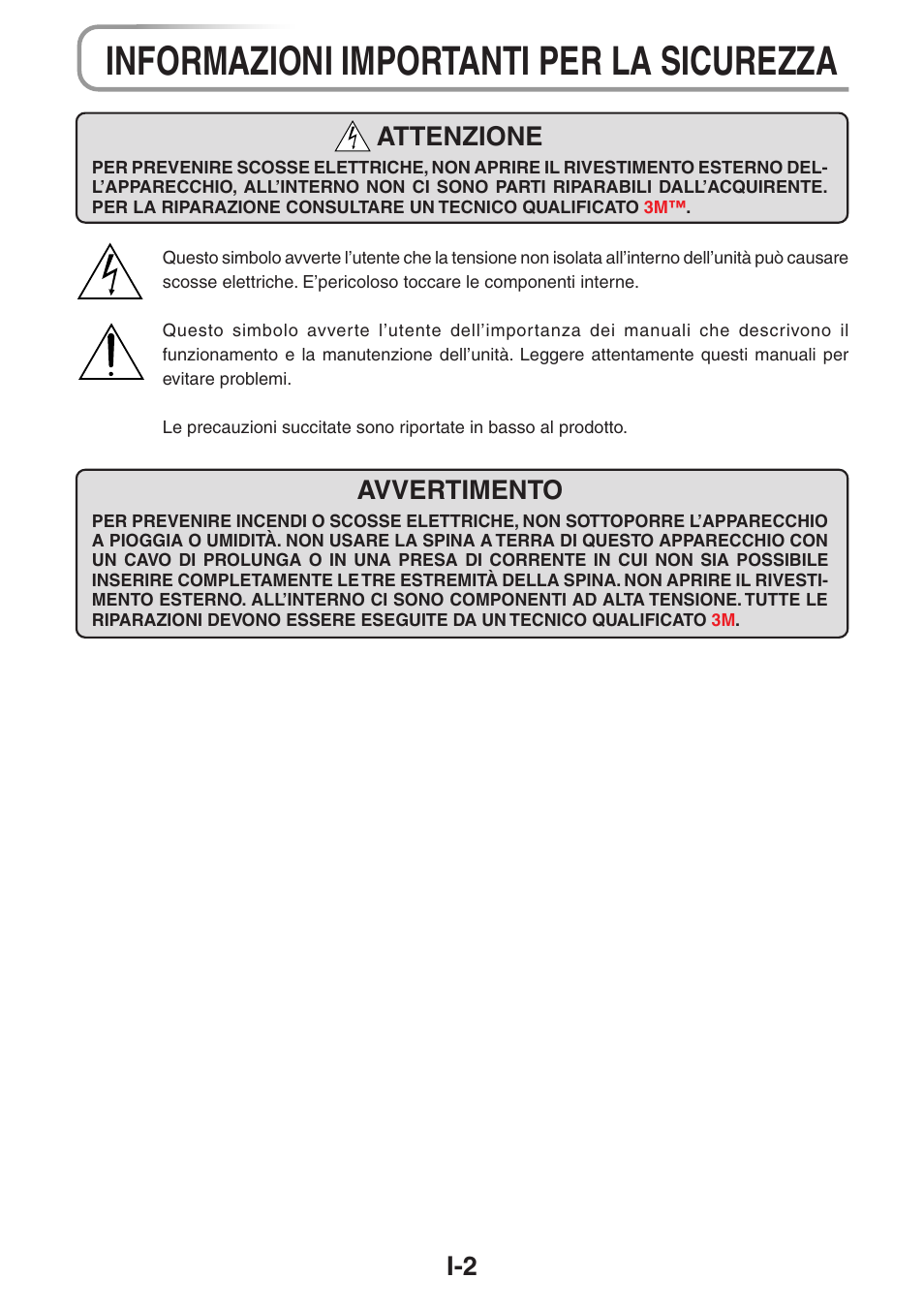 Informazioni importanti per la sicurezza, Avvertimento, Attenzione | 3M PX5 User Manual | Page 59 / 95