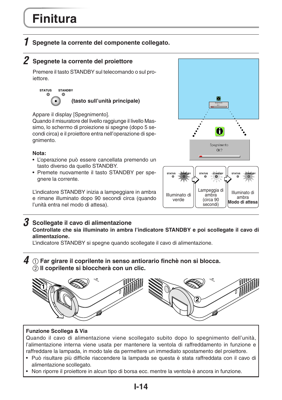 Finitura, I-14, Spegnete la corrente del componente collegato | Scollegate il cavo di alimentazione, Spegnete la corrente del proiettore | 3M PX5 User Manual | Page 71 / 95