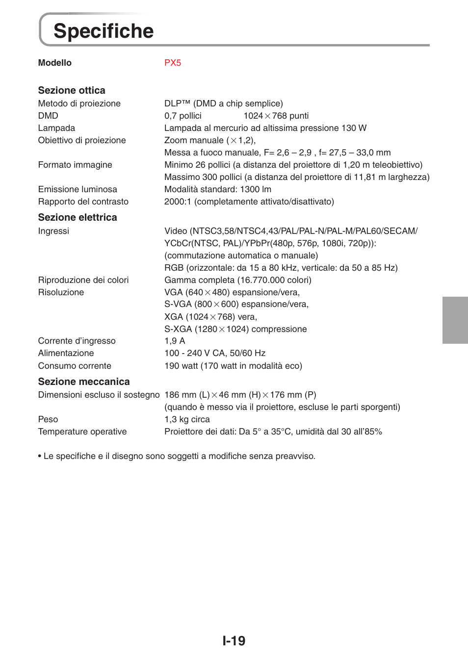 Specifiche, I-19 | 3M PX5 User Manual | Page 76 / 95