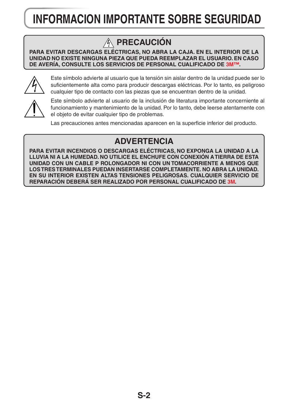 Informacion importante sobre seguridad, Advertencia, Precaución | 3M PX5 User Manual | Page 78 / 95