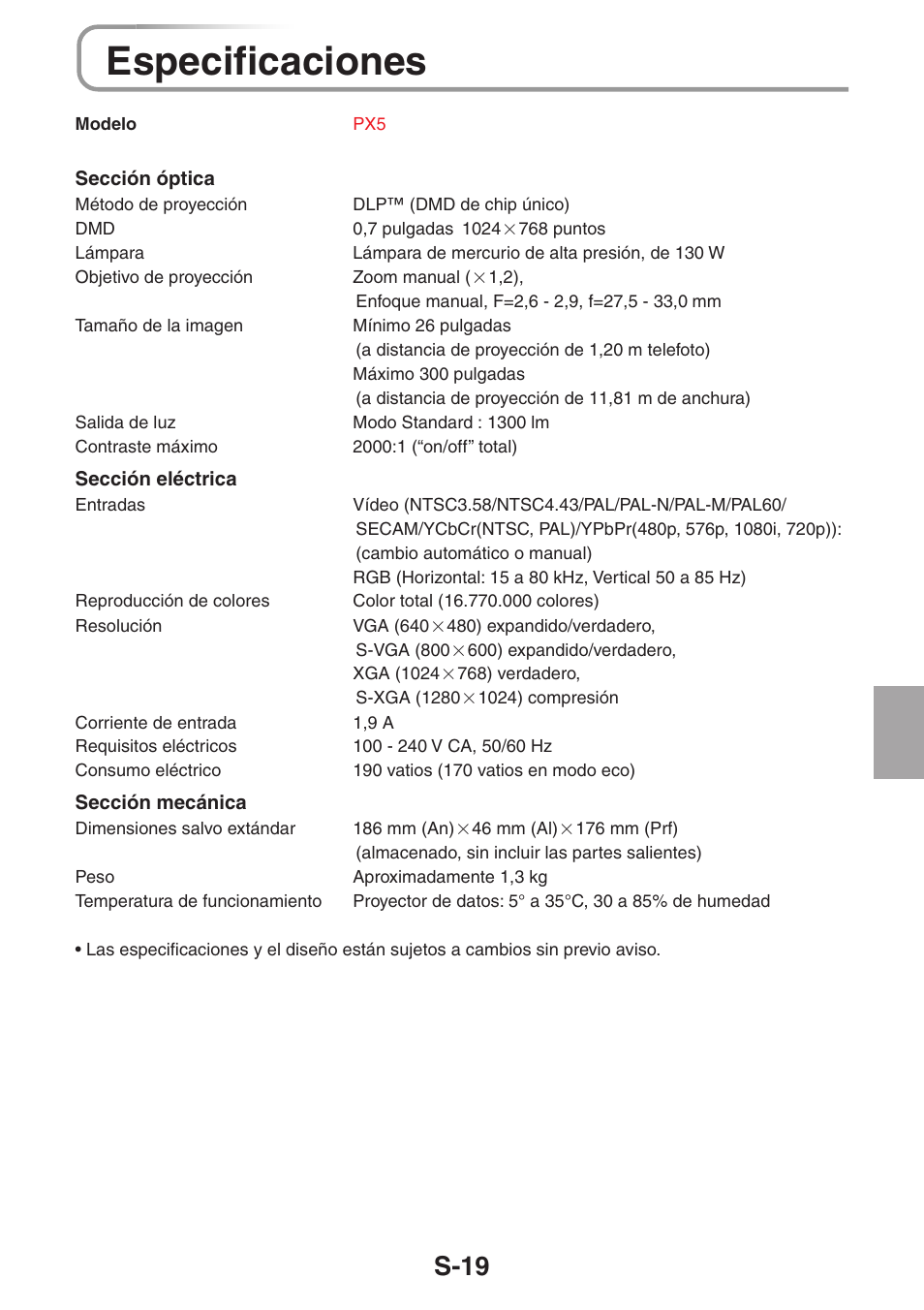 Especificaciones, S-19 | 3M PX5 User Manual | Page 95 / 95