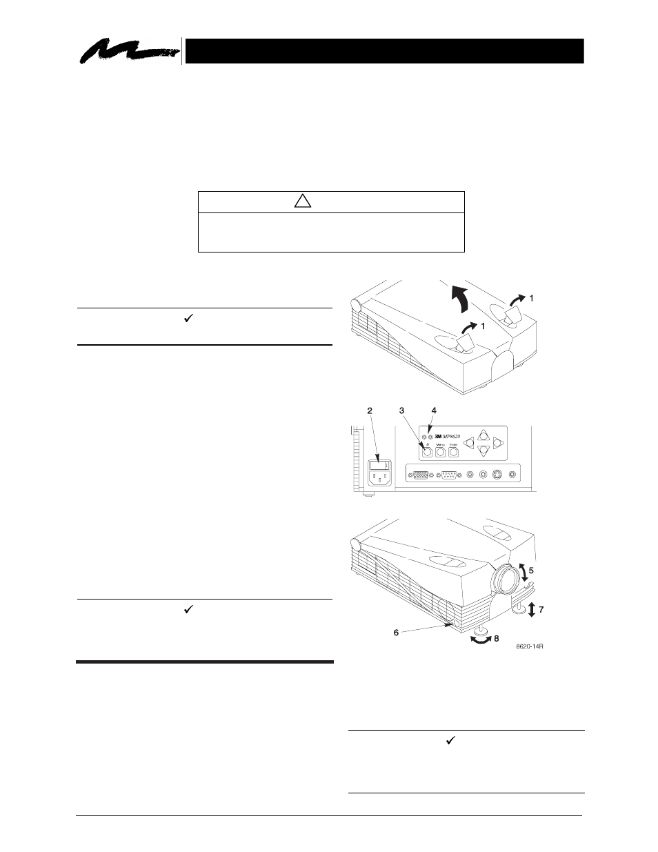 Operating instructions, 1. projector start up, 2. standby mode | Caution | 3M MP8620 User Manual | Page 8 / 32