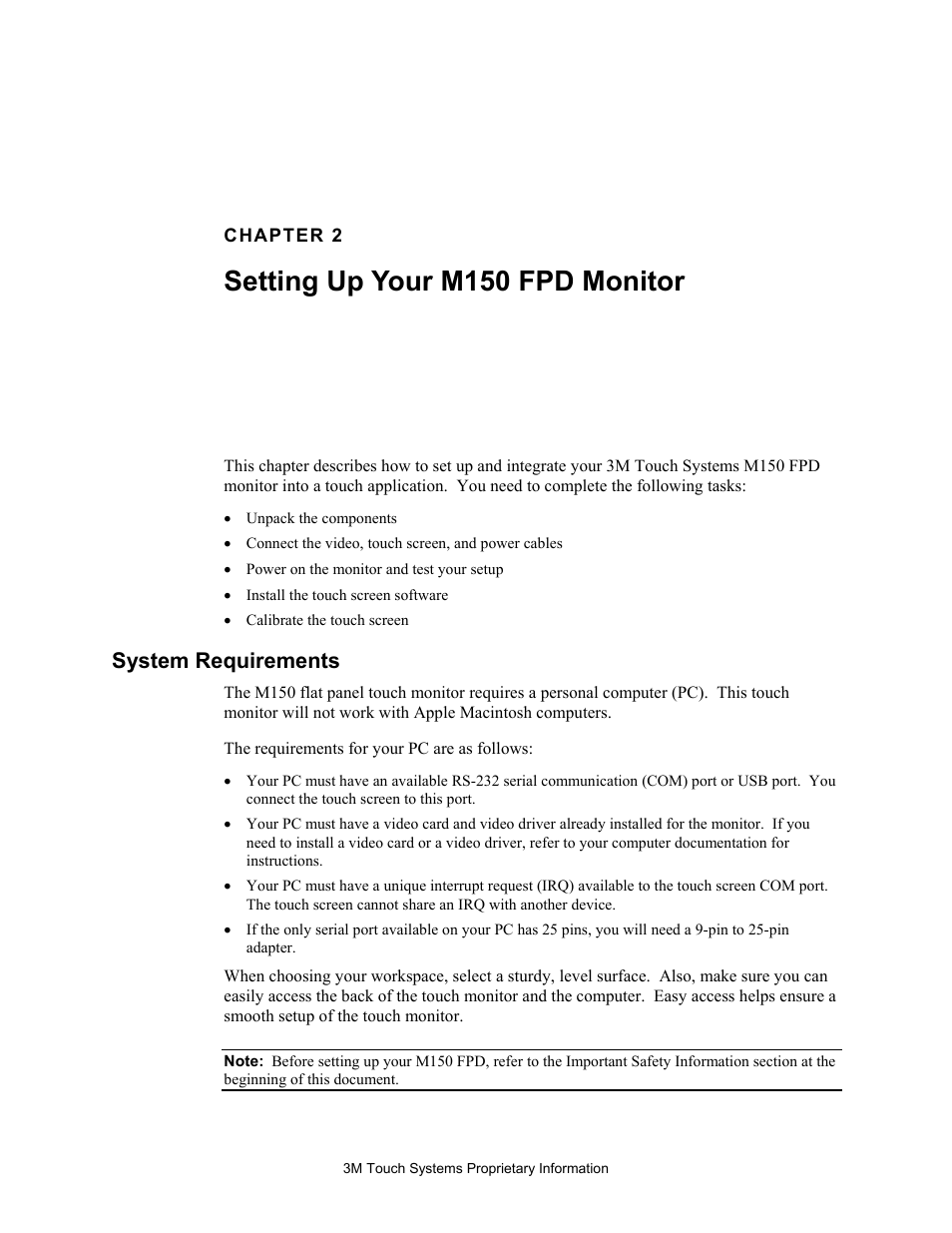 System requirements, Setting up your m150 fpd monitor | 3M MicroTouch M150 User Manual | Page 11 / 33