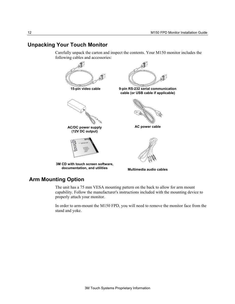 Unpacking your touch monitor, Arm mounting option | 3M MicroTouch M150 User Manual | Page 12 / 33