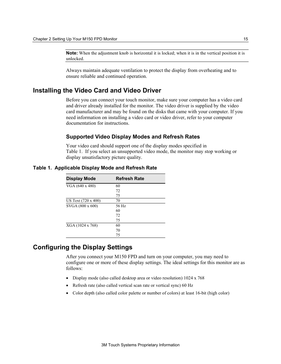 Installing the video card and video driver, Supported video display modes and refresh rates, Configuring the display settings | 3M MicroTouch M150 User Manual | Page 15 / 33