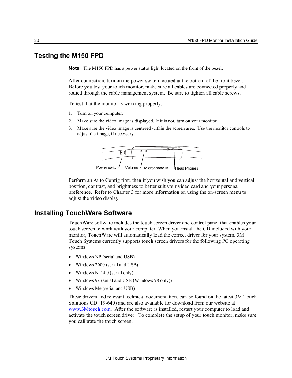 Testing the m150 fpd, Installing touchware software | 3M MicroTouch M150 User Manual | Page 20 / 33