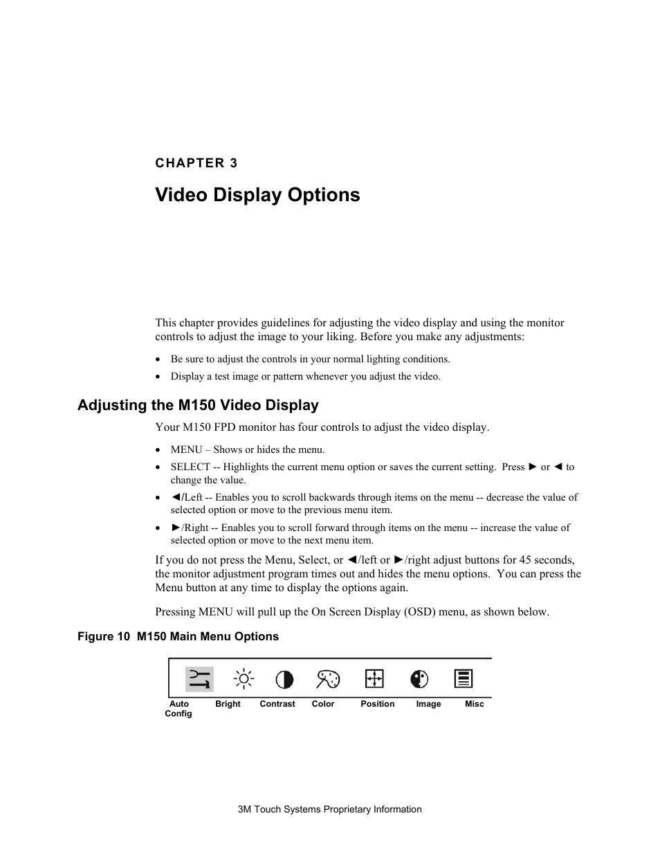 Adjusting the m150 video display, Video display options | 3M MicroTouch M150 User Manual | Page 23 / 33