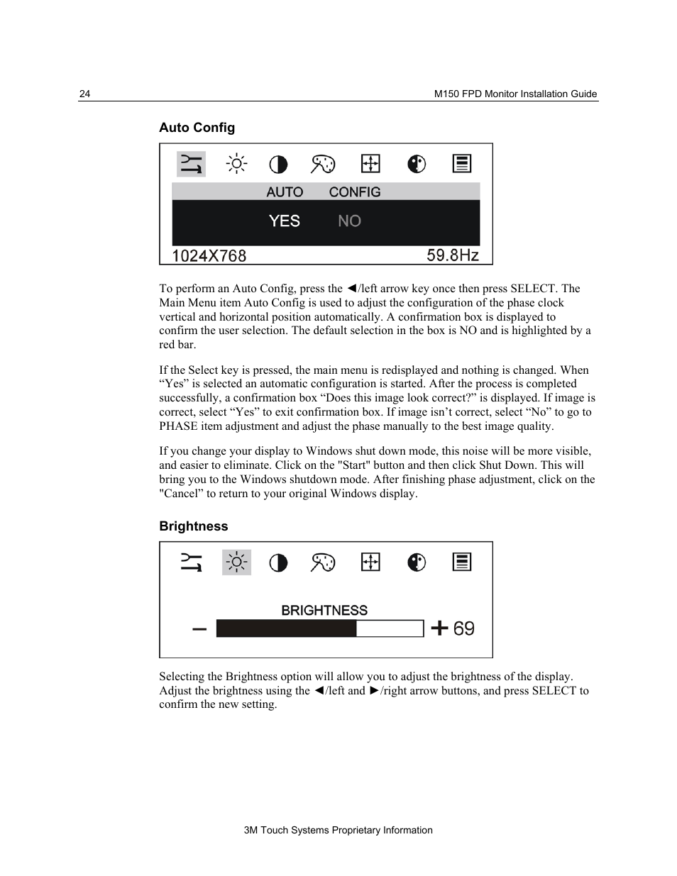 Auto config, Brightness | 3M MicroTouch M150 User Manual | Page 24 / 33