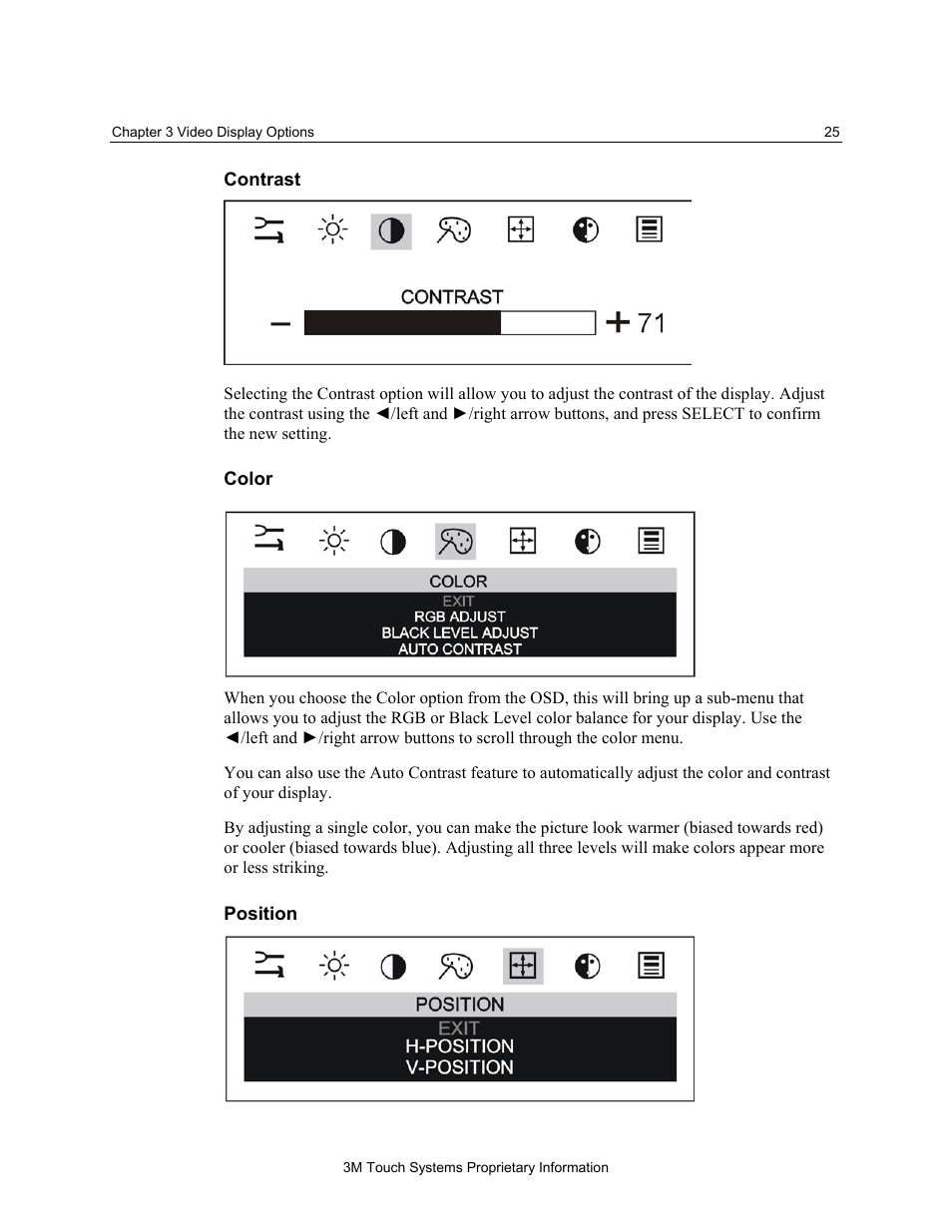 Contrast, Color, Position | 3M MicroTouch M150 User Manual | Page 25 / 33