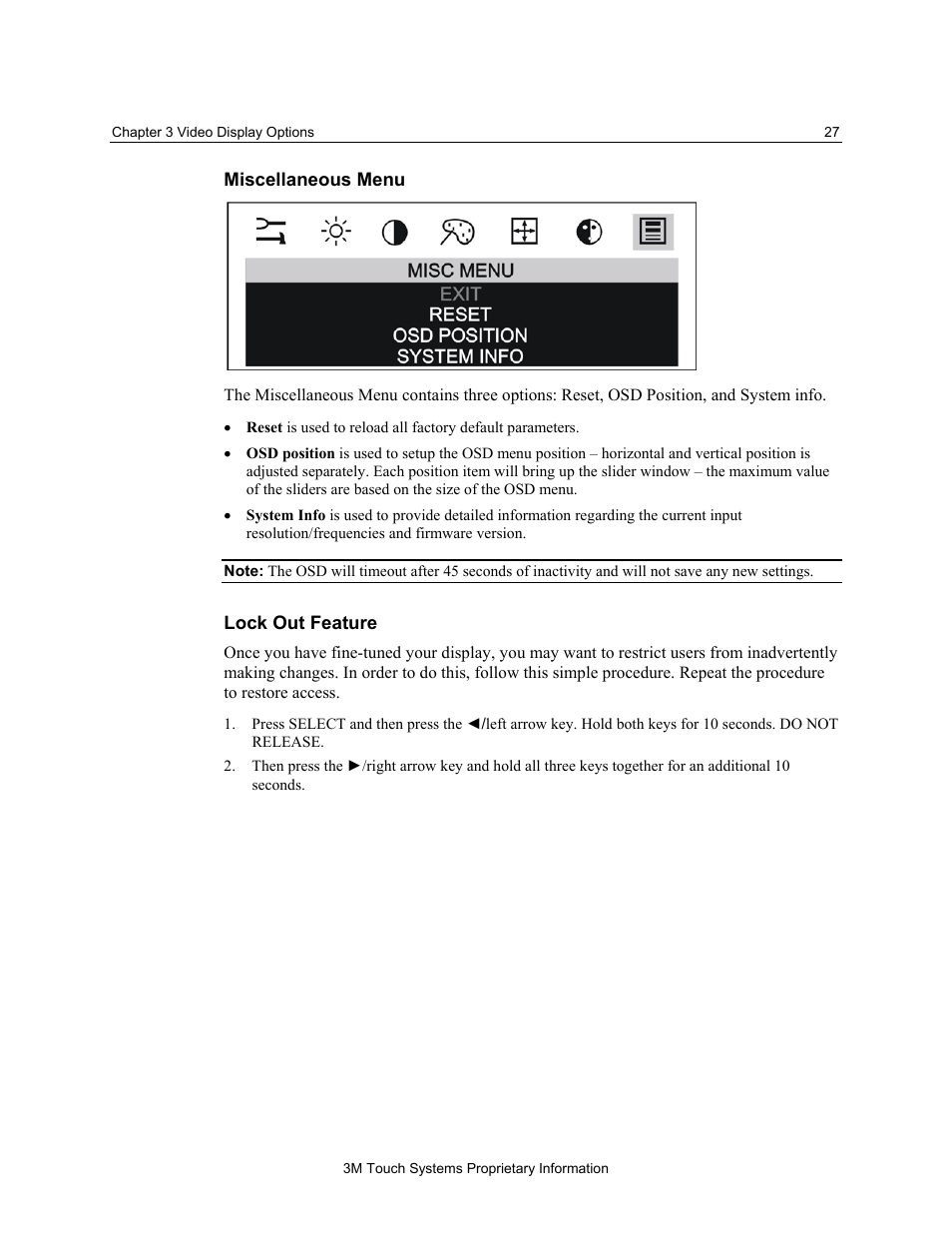 Miscellaneous menu, Lock out feature | 3M MicroTouch M150 User Manual | Page 27 / 33