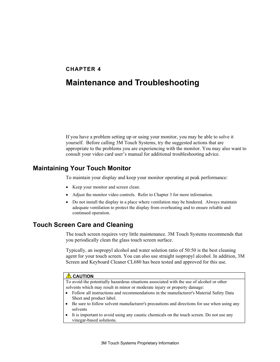 Maintaining your touch monitor, Touch screen care and cleaning, Maintenance and troubleshooting | 3M MicroTouch M150 User Manual | Page 29 / 33