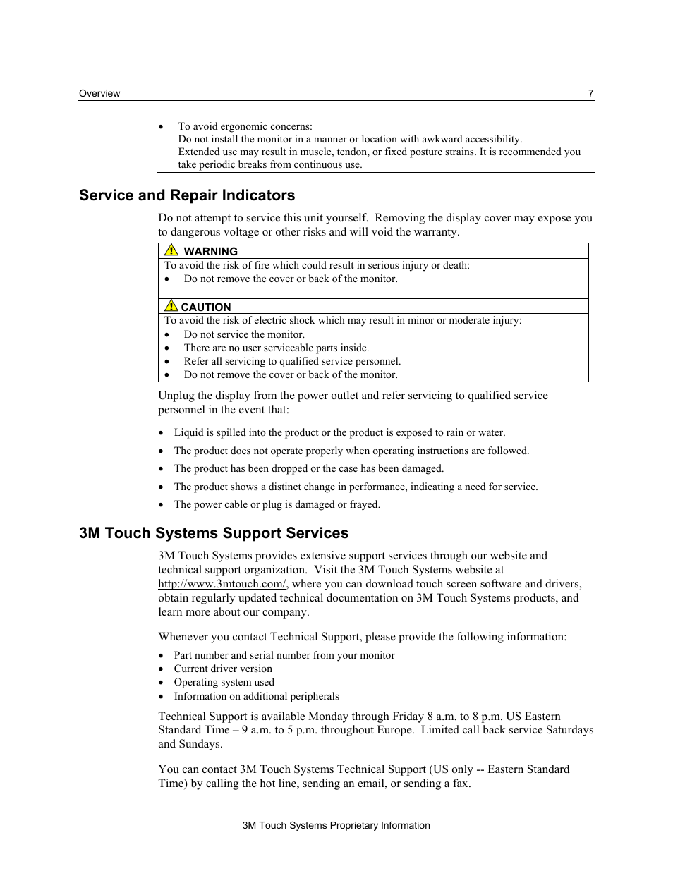 Service and repair indicators, 3m touch systems support services | 3M MicroTouch M150 User Manual | Page 7 / 33