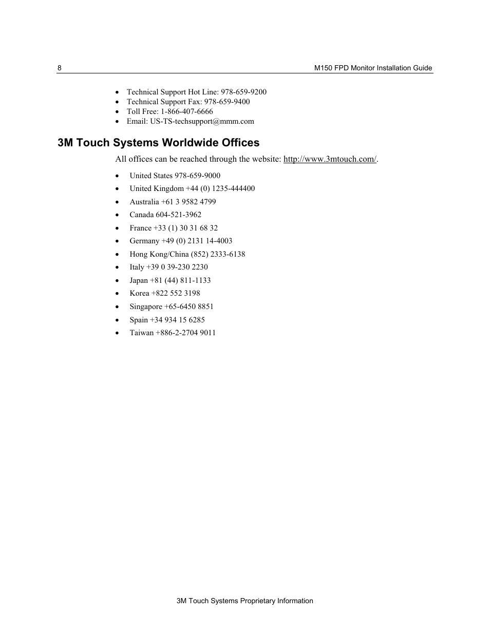 3m touch systems worldwide offices | 3M MicroTouch M150 User Manual | Page 8 / 33