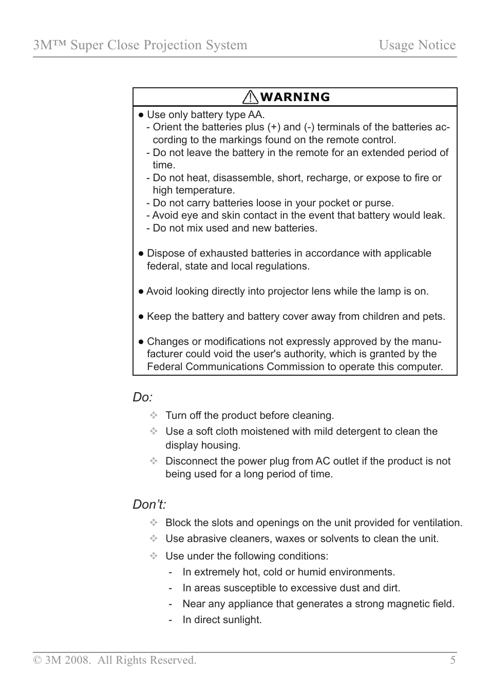 3m™ super close projection system usage notice, Don’t | 3M SCP717 User Manual | Page 10 / 58