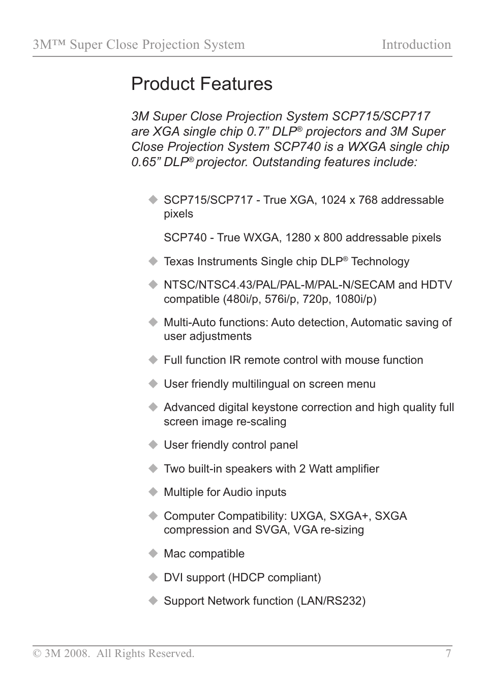 Introduction, Product features, 3m™ super close projection system introduction | 3M SCP717 User Manual | Page 12 / 58