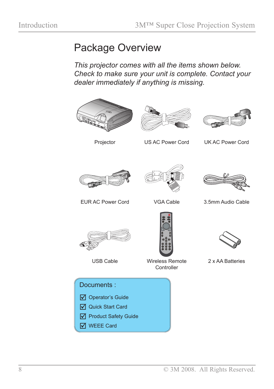 Package overview, Introduction 3m™ super close projection system | 3M SCP717 User Manual | Page 13 / 58