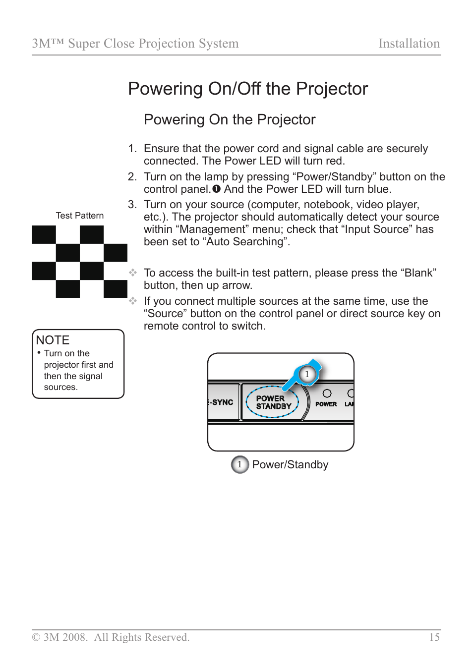 Powering on/off the projector, Powering on, Powering on the projector | 3m™ super close projection system installation | 3M SCP717 User Manual | Page 20 / 58