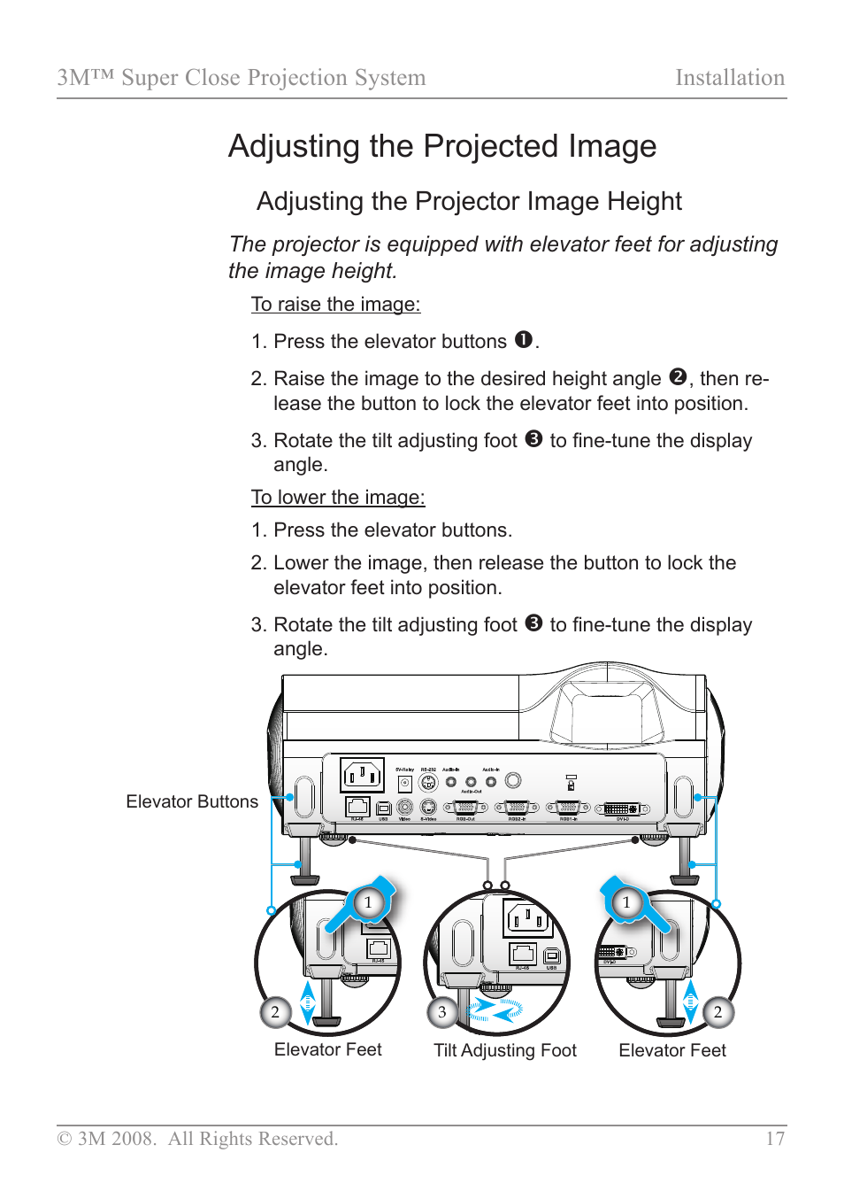 Adjusting the projected image, Adjusting the projector image height, 3m™ super close projection system installation | 3M SCP717 User Manual | Page 22 / 58