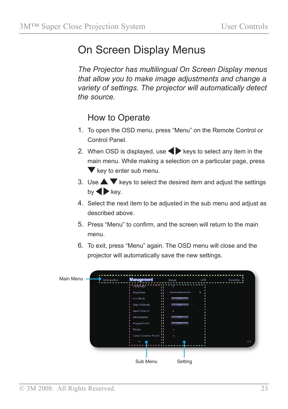 On-screen display menus, How to operate, On screen display menus | 3m™ super close projection system user controls | 3M SCP717 User Manual | Page 28 / 58