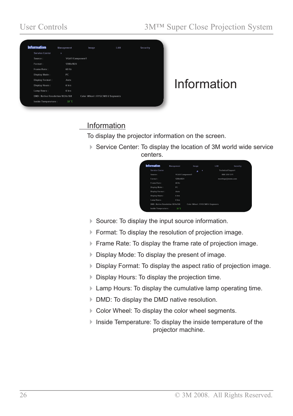 Information, User controls 3m™ super close projection system | 3M SCP717 User Manual | Page 31 / 58