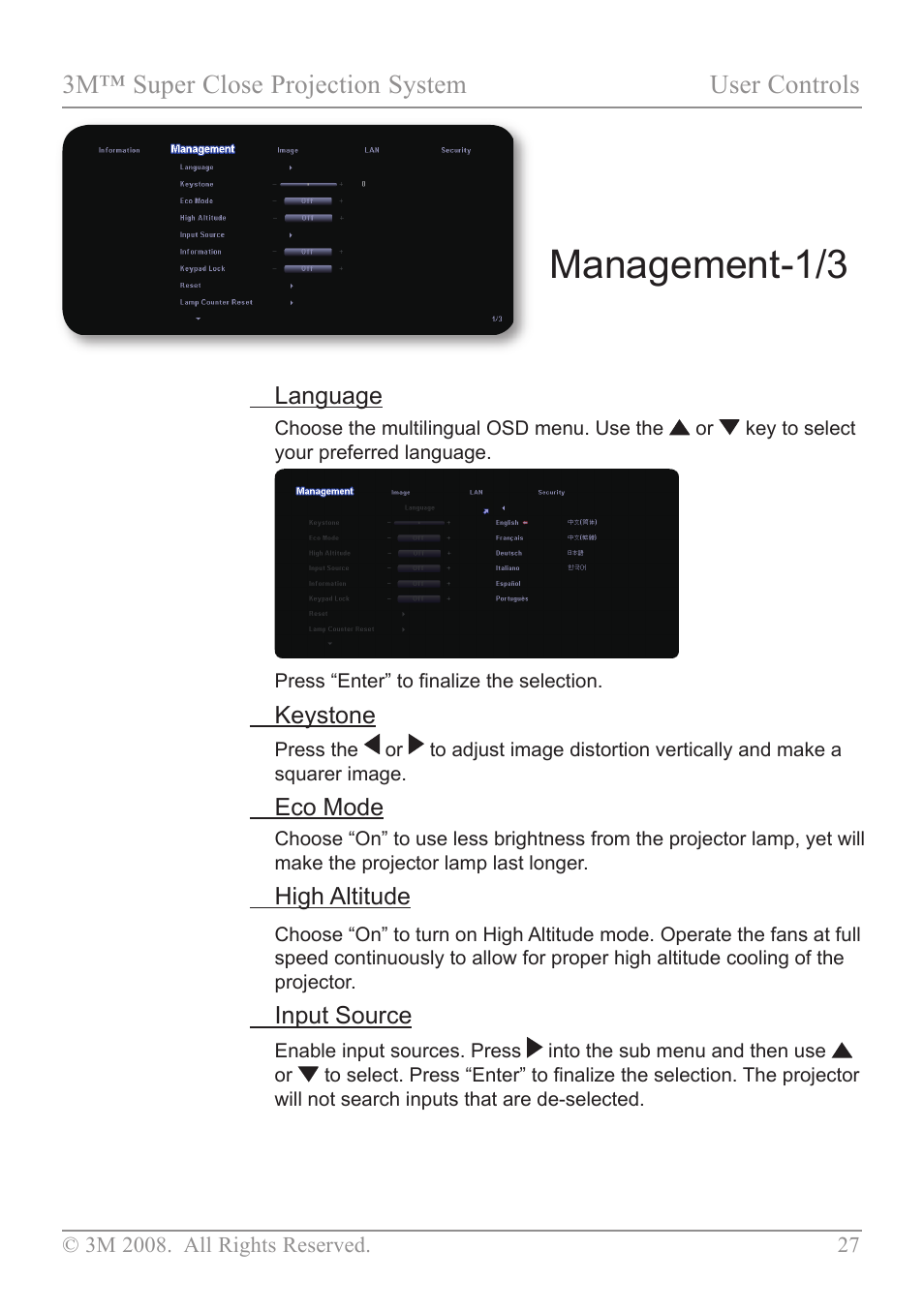 Management-1/3, 3m™ super close projection system user controls | 3M SCP717 User Manual | Page 32 / 58