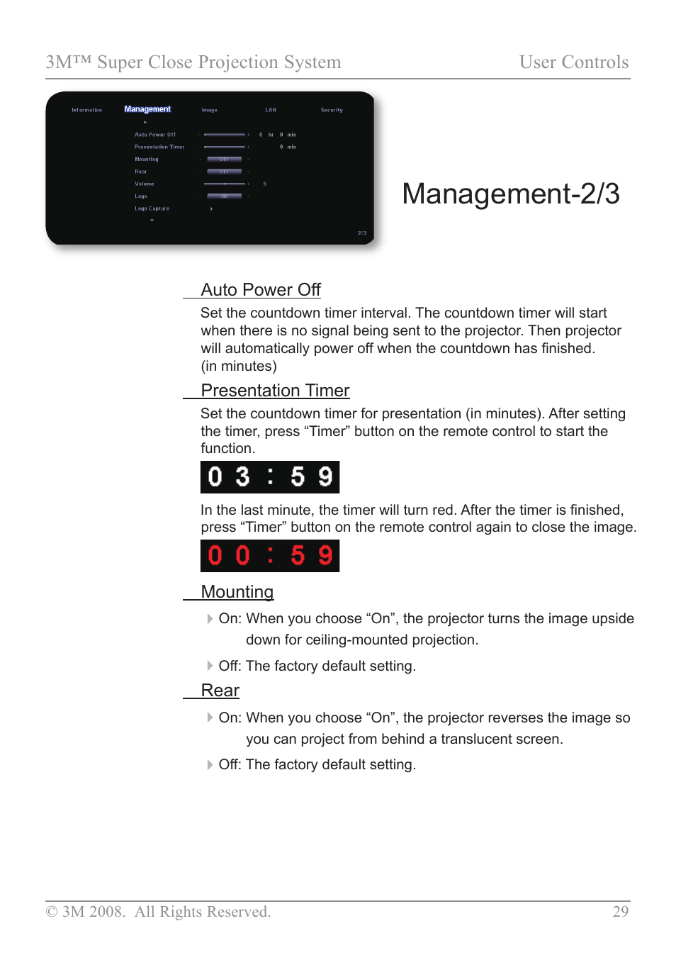 Management-2/3, 3m™ super close projection system user controls | 3M SCP717 User Manual | Page 34 / 58