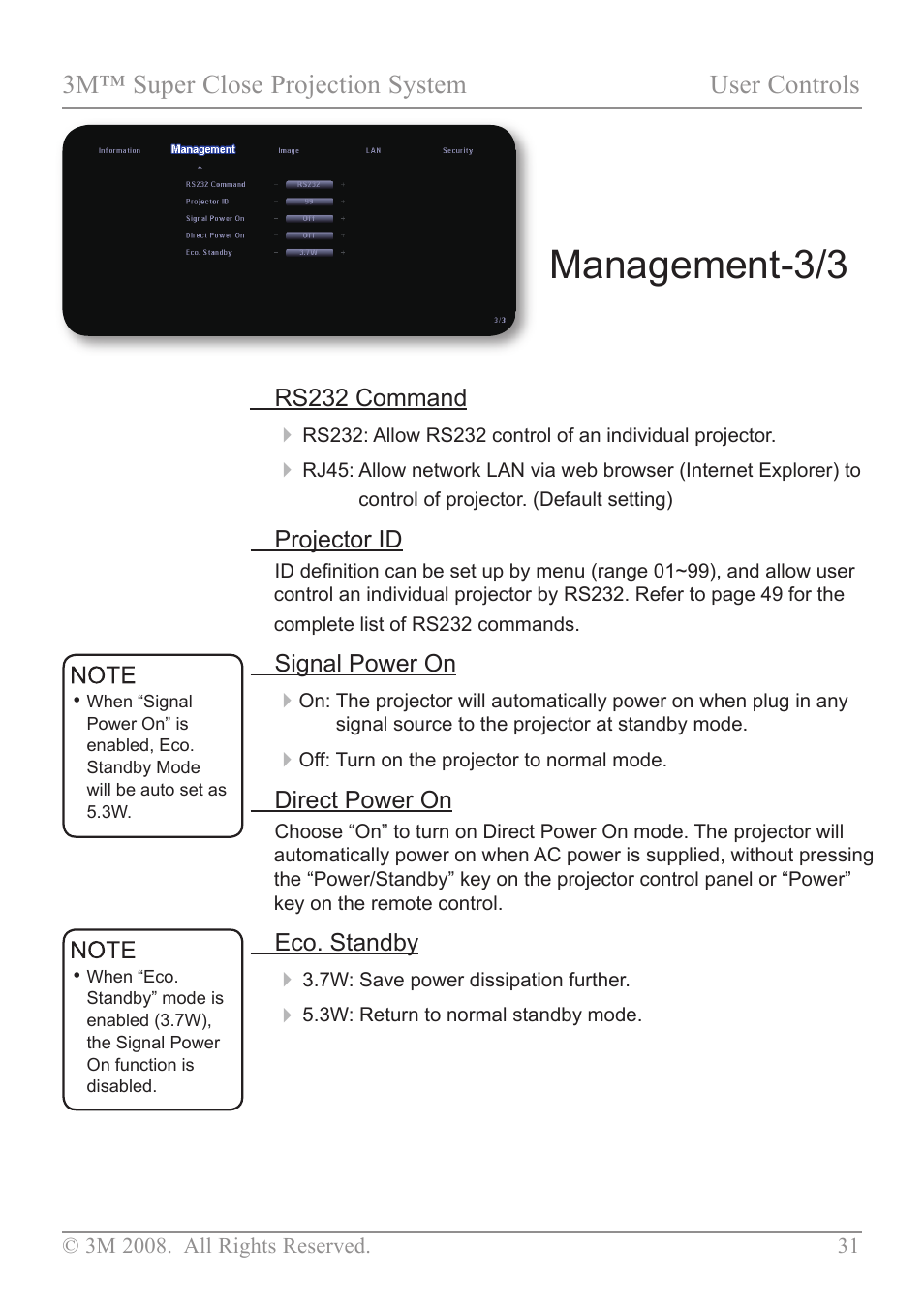 Management-3/3, 3m™ super close projection system user controls | 3M SCP717 User Manual | Page 36 / 58