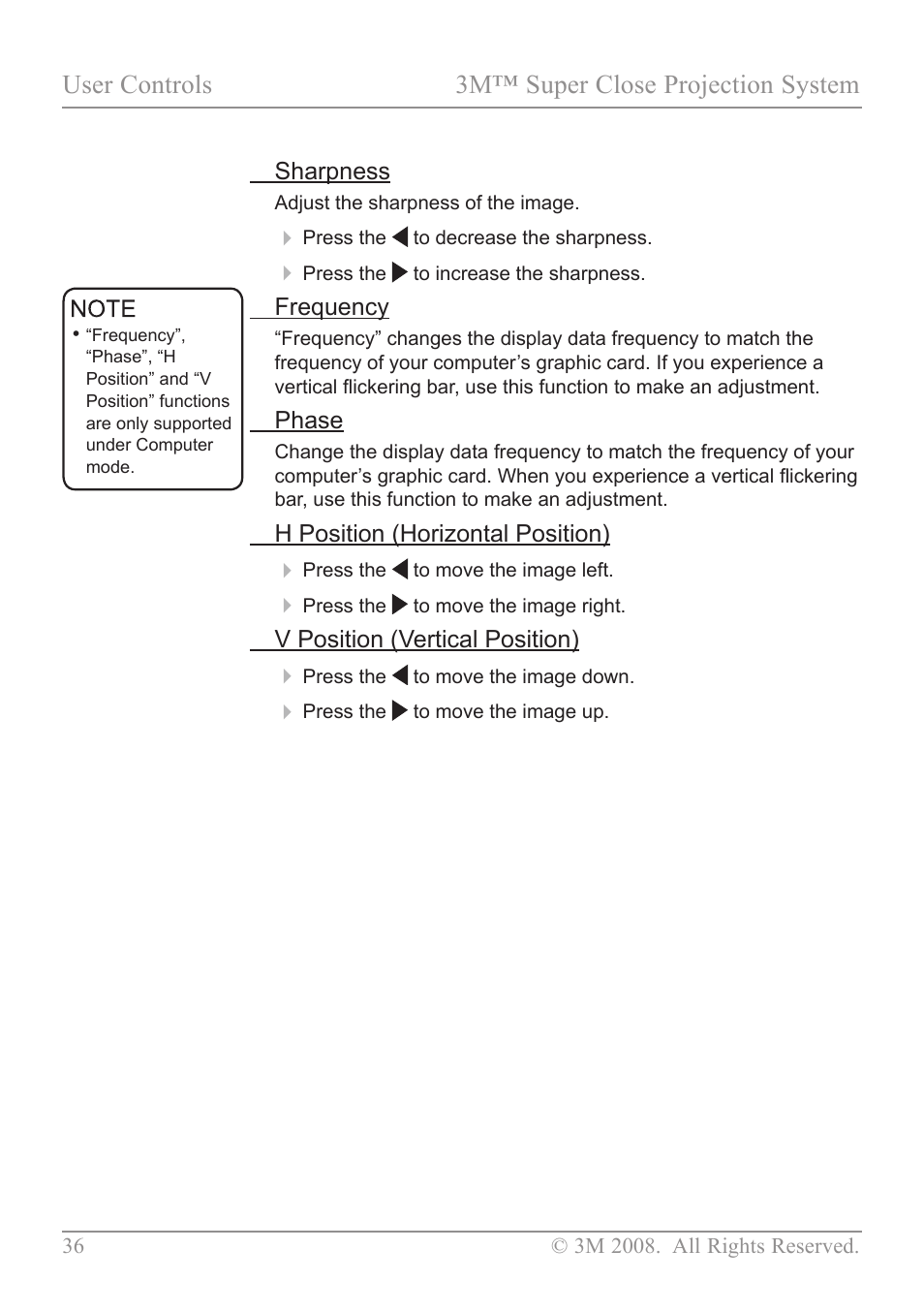 User controls 3m™ super close projection system | 3M SCP717 User Manual | Page 41 / 58