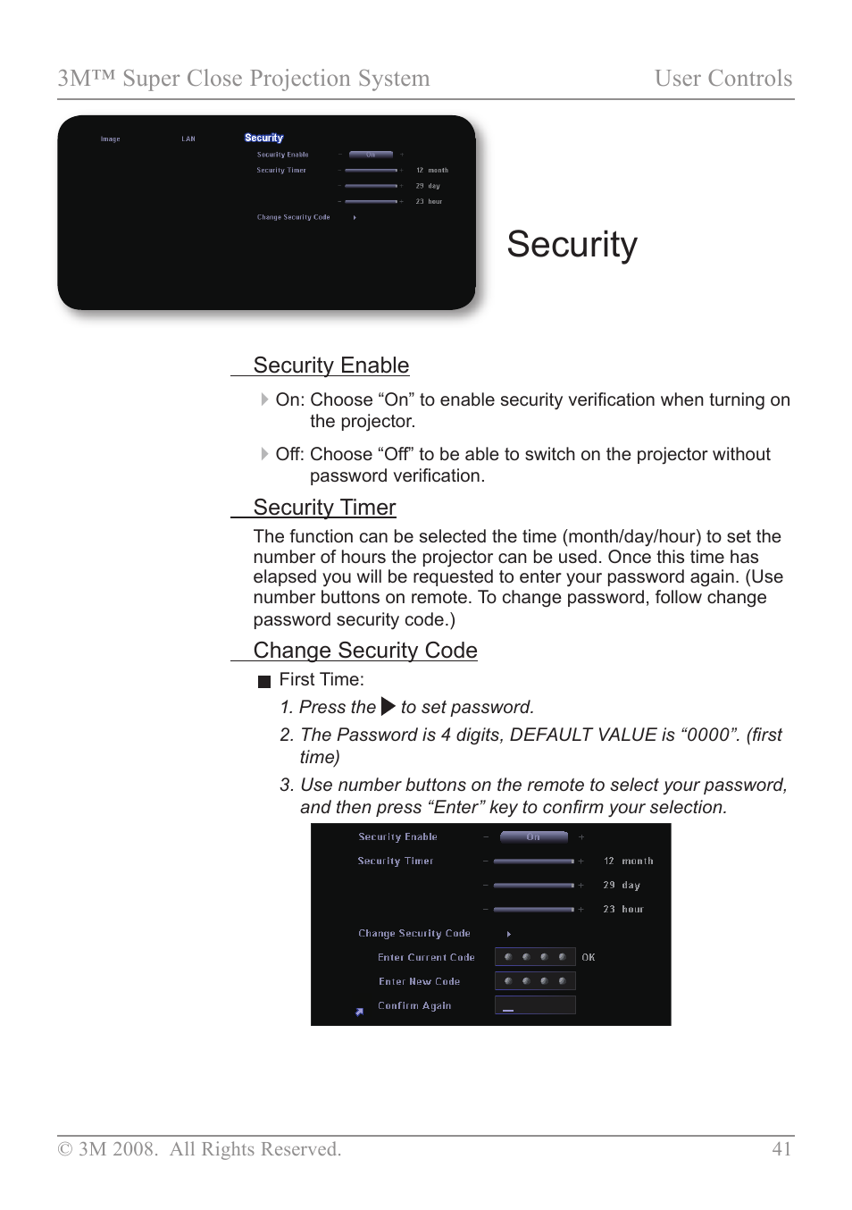 Security, 3m™ super close projection system user controls | 3M SCP717 User Manual | Page 46 / 58