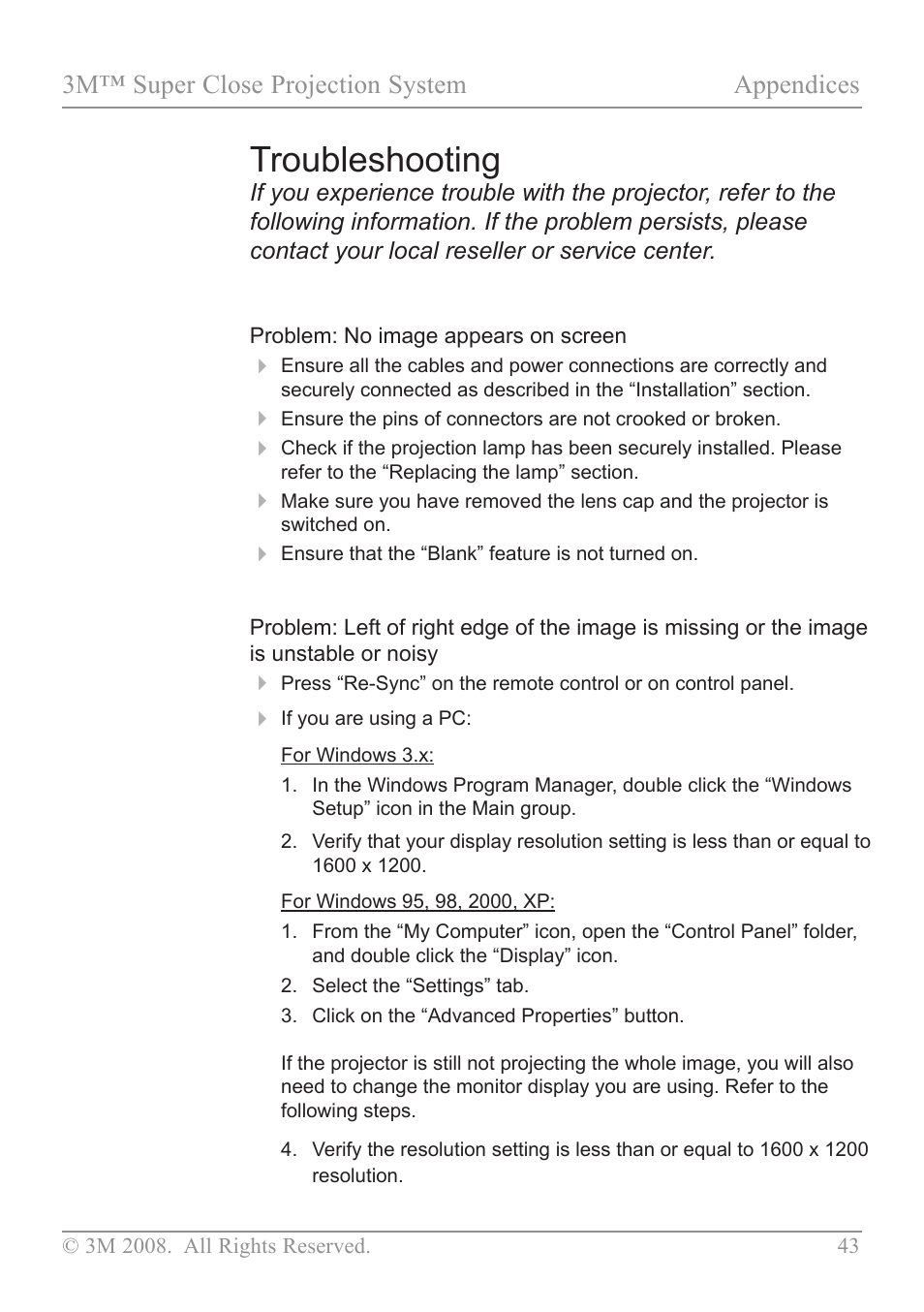 Appendices, Troubleshooting, 3m™ super close projection system appendices | 3M SCP717 User Manual | Page 48 / 58