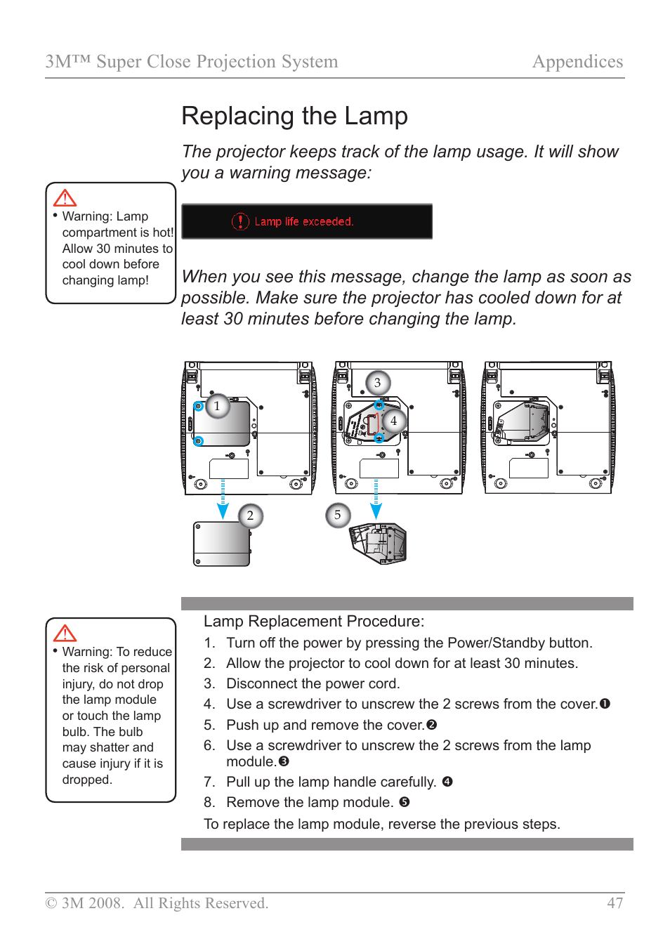 Replacing the lamp, 3m™ super close projection system appendices | 3M SCP717 User Manual | Page 52 / 58